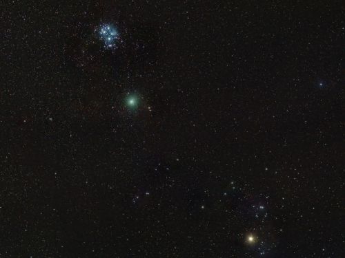 La cometa tra Aldebaran e le Pleiadi