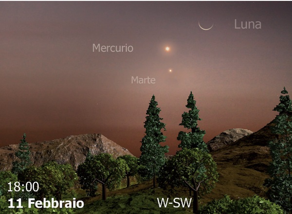 11 febbraio 2013: congiunzione Mercurio, Marte e Luna