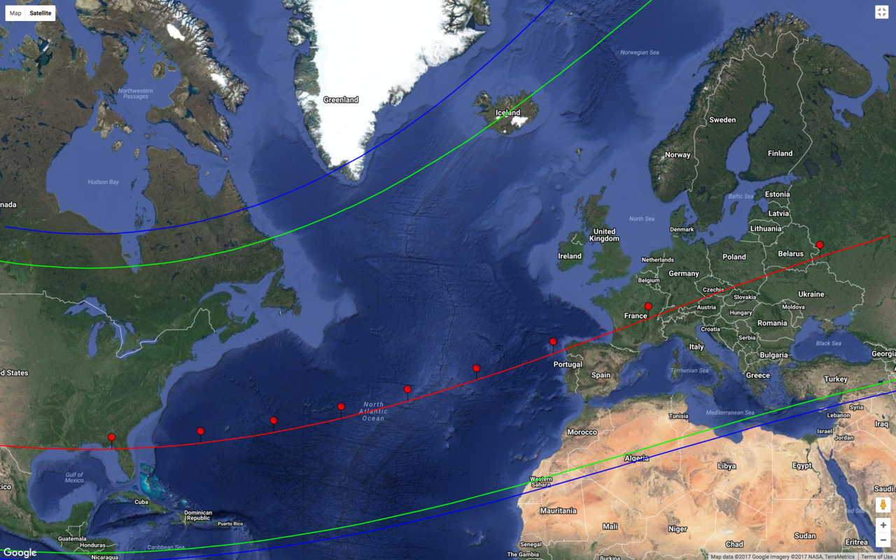 Cartina delle zone interessate dall'occultazione di Tritone