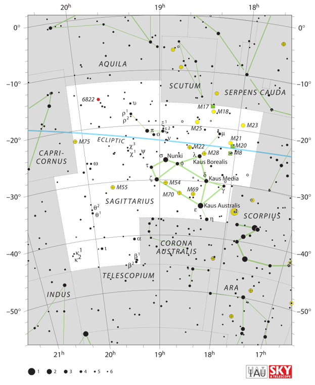 Posizione della Nebulosa Omega o Messier 17 nella costellazione del Sagittario