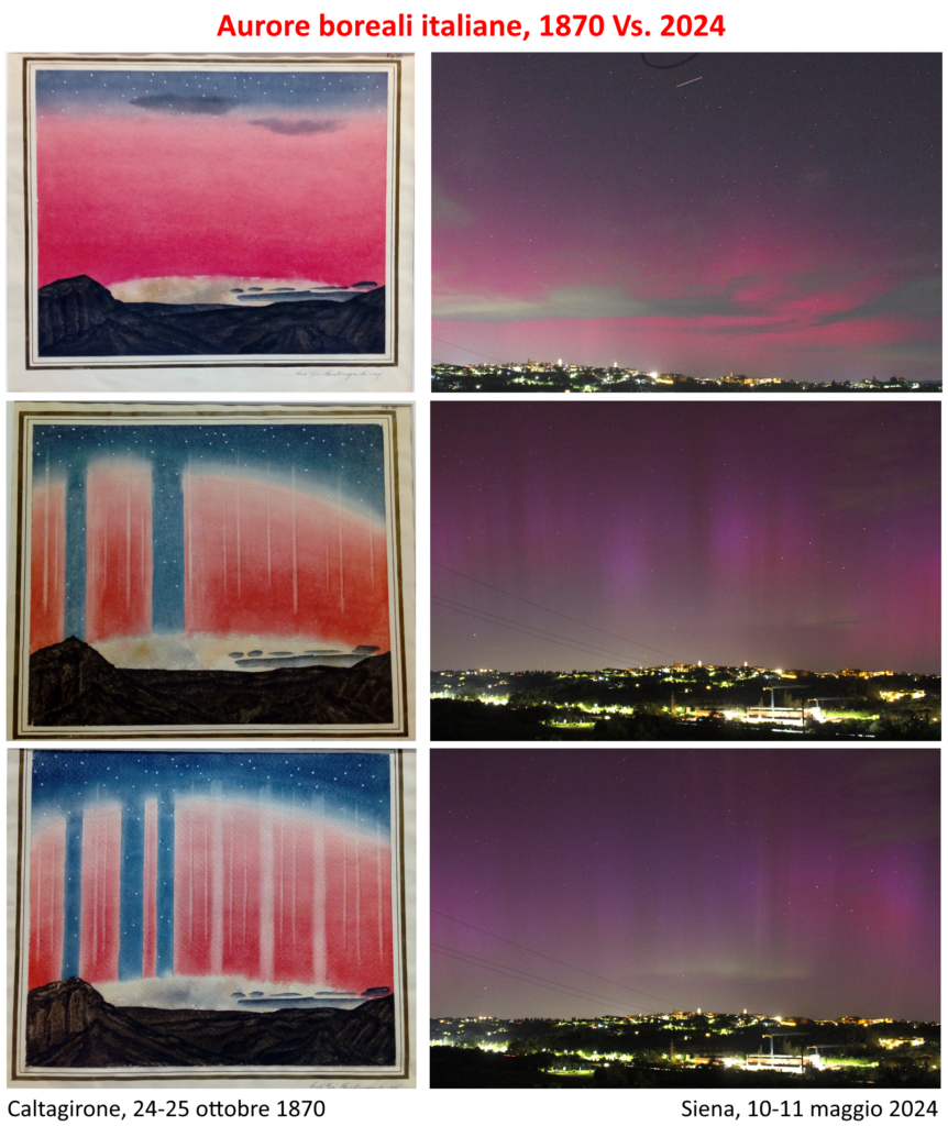 A sinistra tre acquerelli (tavole 3, 4 e 5) realizzati dal signor Montemagno
di Caltagirone per documentare l’aurora vista dalla Sicilia nel 1870, a
destra tre fotografie dell’aurora del 2024 riprese da Siena.
(Crediti acquerelli: INAF Osservatorio di Palermo. Foto: AM).
