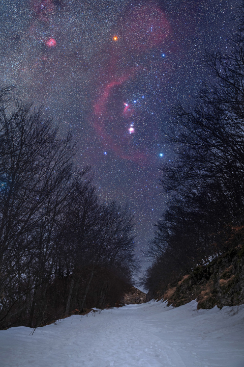 Figura 09: in inverno la Via Lattea visibile non &egrave; molto appariscente, la zona pi&ugrave; caratteristica del cielo &egrave; sicuramente la costellazione di Orione. In questo caso la composizione &egrave; stata studiata per accompagnare l&rsquo;occhio proprio verso le spettacolari nebulosit&agrave; di questa regione del cielo