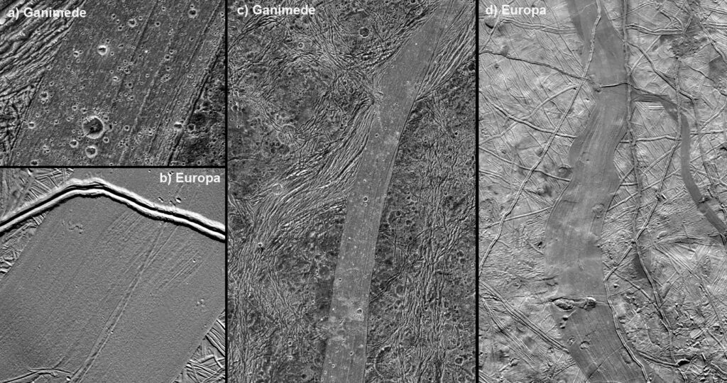 Figura 5.. Superfici di Ganimede ed Europa a confronto: a-c) lineamenti tettonici su Ganimede denominati &ldquo;sulci&rdquo;, ormai inattivi e intensamente craterizzati; b-d) lineamenti tettonici su Europa, dalla morfologia freschissima e raramente craterizzata. Le fessure visibili funzionano probabilmente canali di risalita di fluidi dal sottosuolo ghiacciato. Crediti: NASA/JPL/Brown University.