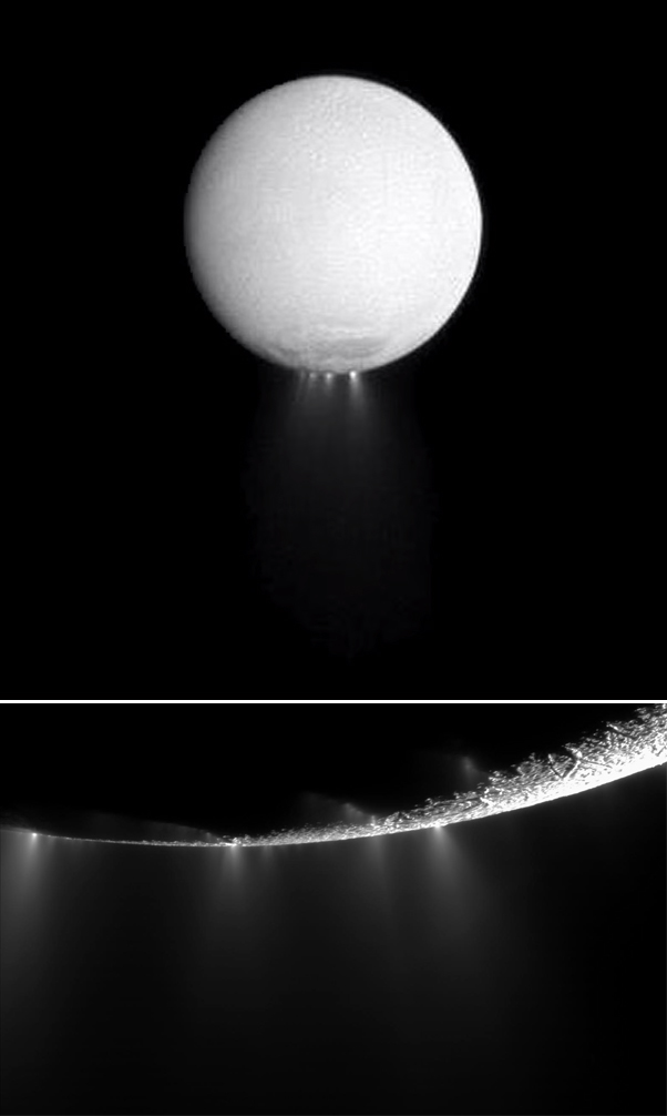 Figura 6.Geyser di vapor acqueo e ghiaccio concentrati nella regione sud di Encelado, fotografati durante la loro attivit&agrave; dalla sonda Cassini nel 2005 (vista rravicinata in basso). Crediti: NASA / JPL / Space Science Institute.