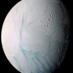 Figura 7. Encelado a colori, fotografato dalla camera della sonda NASA/ESA/ASI Cassini nel luglio 2005. In questa immagine, si nota la dicotomia tra l’emisfero nord, intensamente craterizzato e l’emisfero sud, con le freschissime “tiger stripes”, lineamenti blu dai quali è stata osservata l’emissione di geyser. Crediti: NASA/JPL/Space Science Institute.