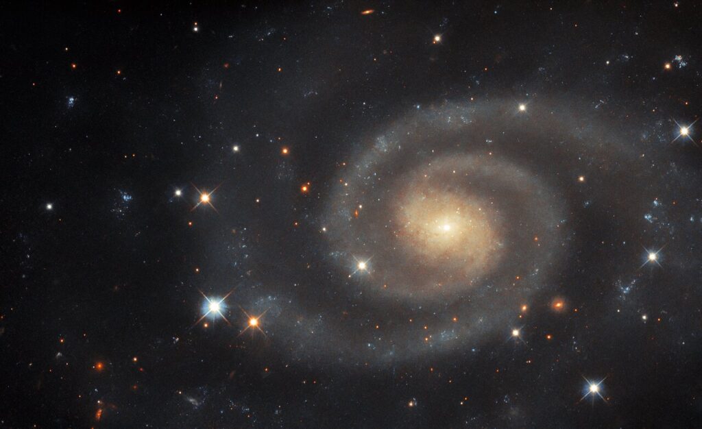 La ripresa del telescopio Hubble di UGC 11105 circondata da stelle pi&ugrave; brillanti.