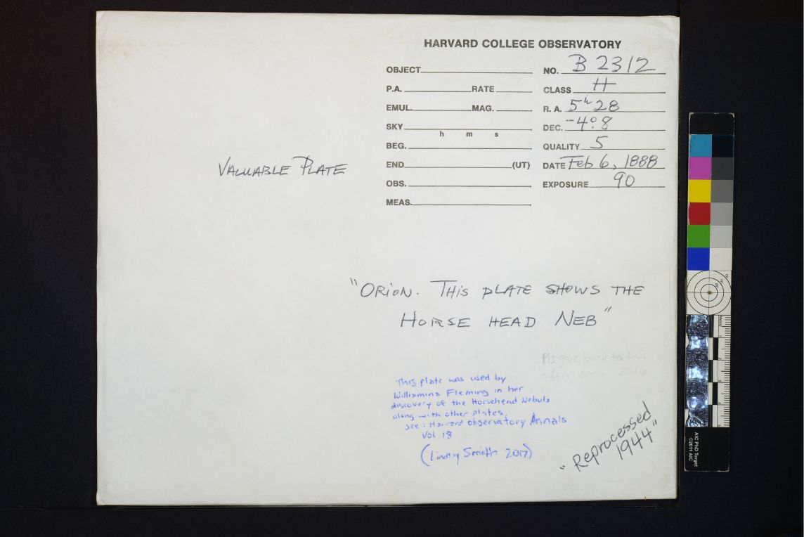Brogliaccio della lastra B02312 relativo all&rsquo;immagine di scoperta della famosa Nebulosa Testa di Cavallo.