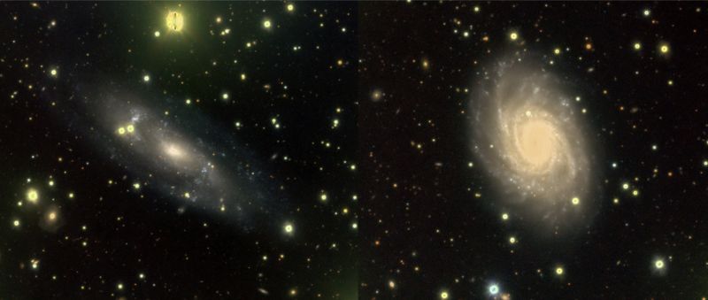 Figura 3. Grazie al grande campo di vista del VST, nei campi osservati da VST-SMASH si possono osservare anche altre galassie pi&ugrave; distanti. Nel campo di 2 gradi quadrati (2 puntamenti del VST) osservato attorno a NGC 3109 si trovano a) ESO 499-37 (sinistra), una galassia a spirale inclinata situata a 45 milioni di anni luce, e b) IC 2537 (destra), a circa 115-150 milioni di anni luce, una galassia a spirale inclinata parte del gruppo di galassie di NGC 3054. Credit: C. Tortora/VST-SMASH.