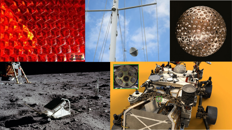 Fig.3. Da in alto a sinistra, in senso orario: Un catarifrangente &egrave; costruito stampando una superficie di plastica un moltitudine di retroriflettori. Le barche che si spingano oltre le 12 miglia nautiche dalla costa devono obbligatoriamente portare a bordo un retroriflettore metallico per convogliare verso la stazione radar il fascio elettromagnetico che essa emette in modo da renderlo maggiormente visibile, esattamente come per i catarifrangenti per i veicoli terrestri. Attorno alla Terra si trovano in orbita molti satelliti coperti da retroriflettori in modo da misurarne con precisione la distanza illuminandoli dal suolo con un fascio laser, consentendo accurate misure di geodesia e mappando i dettagli del campo gravitazionale terrestre. Fin dalla prima missione Apollo ed in molte missioni automatiche che hanno raggiunto la superficie lunare, dei pannelli retroriflettenti sono stati lasciati in modo da monitorare con precisione migliore del centimetro la distanza Terra Luna. Anche sul rover marziano &egrave; presente un piccolo retroriflettore per consentire esperimenti simili con la sonda madre in orbita attorno al pianeta rosso.