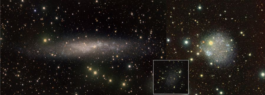 Figura 1. Immagini a tre colori di NGC 3109 (sinistra), Sestante A (destra) e Antlia (riquadro con bordo bianco) ottenute combinando le immagini nelle bande fotometriche g, r e i del VST. Credit: C. Tortora/VST-SMASH.