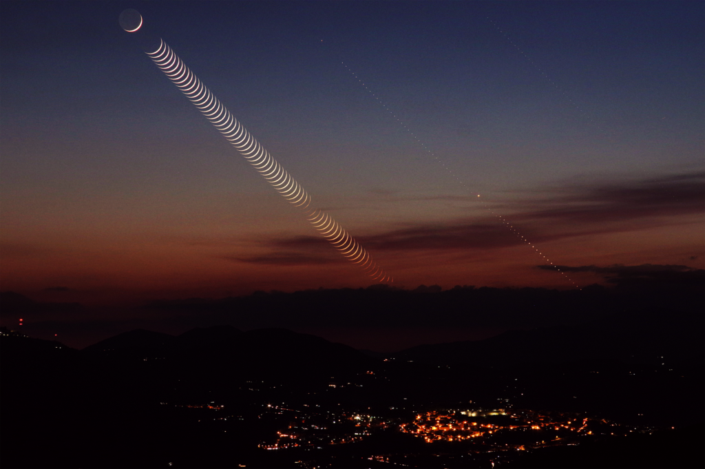Luna, Mercurio e Venere tramontano su Alatri (Fr)