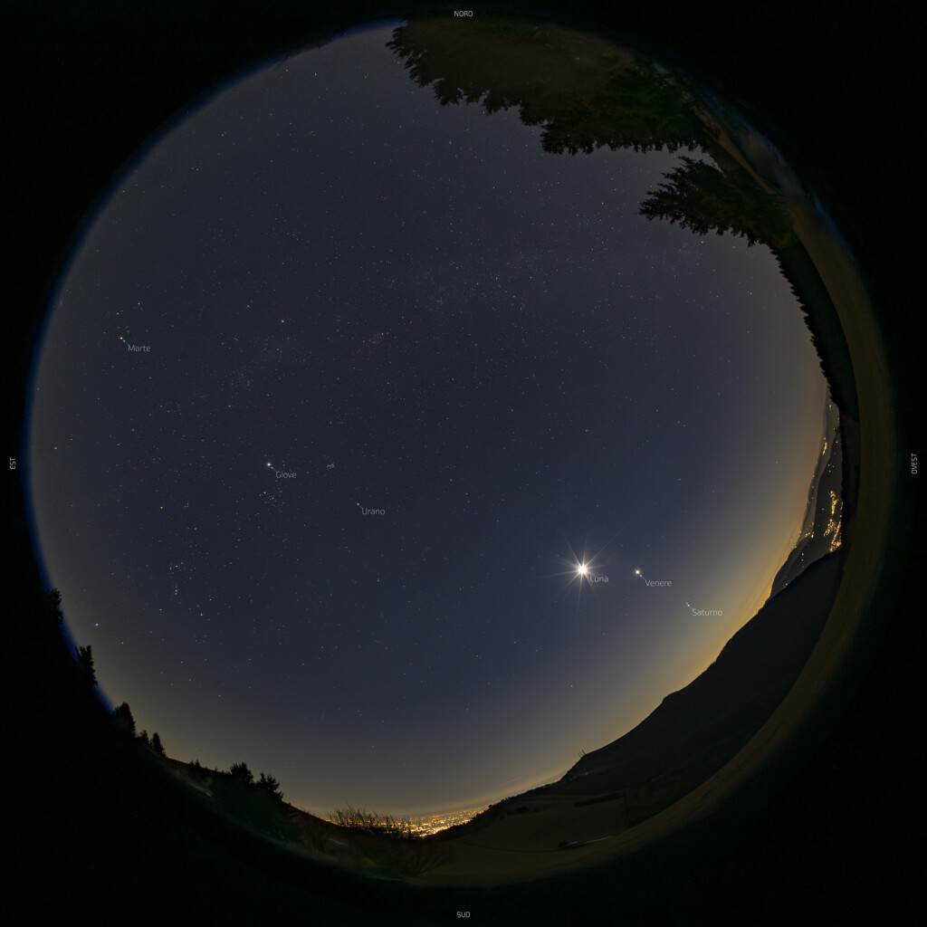 La "parata" dei Pianeti con la Luna al tramonto