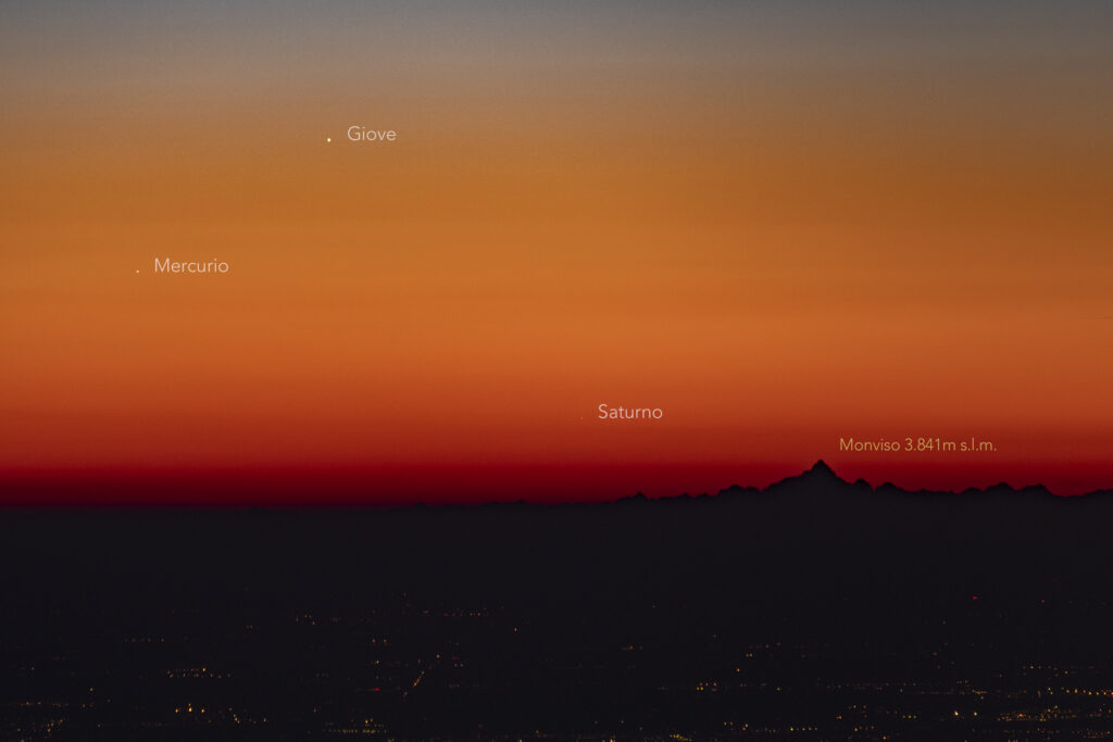 Giove Mercurio e Saturno al crepuscolo