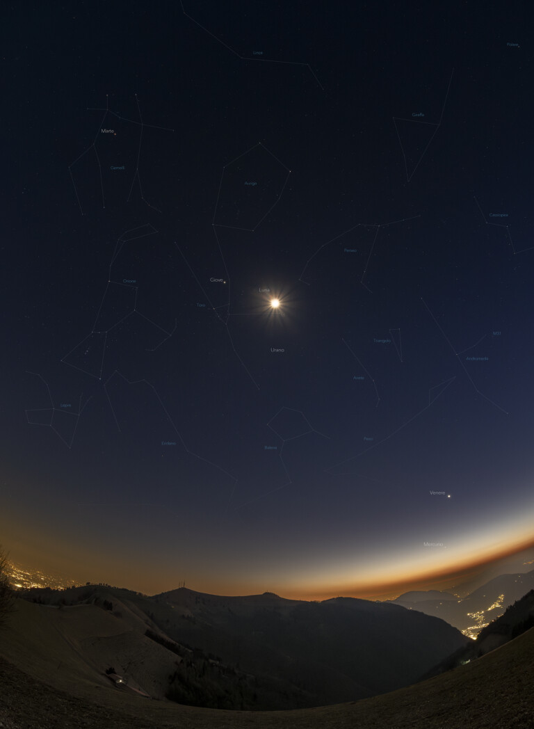 Cinque Pianeti con la Luna al tramonto