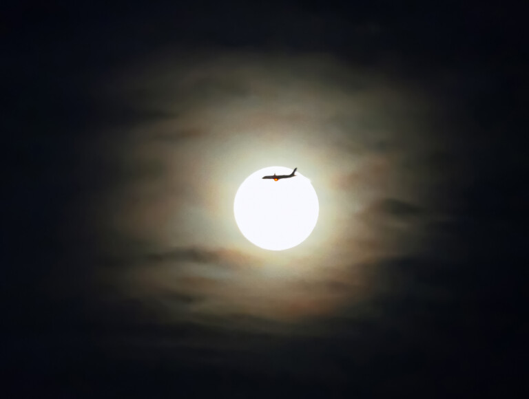 Luma piena del Lupo con aereo e nubi iridescenti