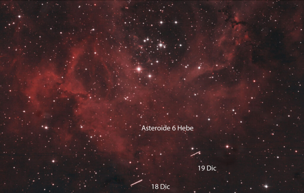Transito dell’asteroide 6Hebe nella Nebulosa Rosetta