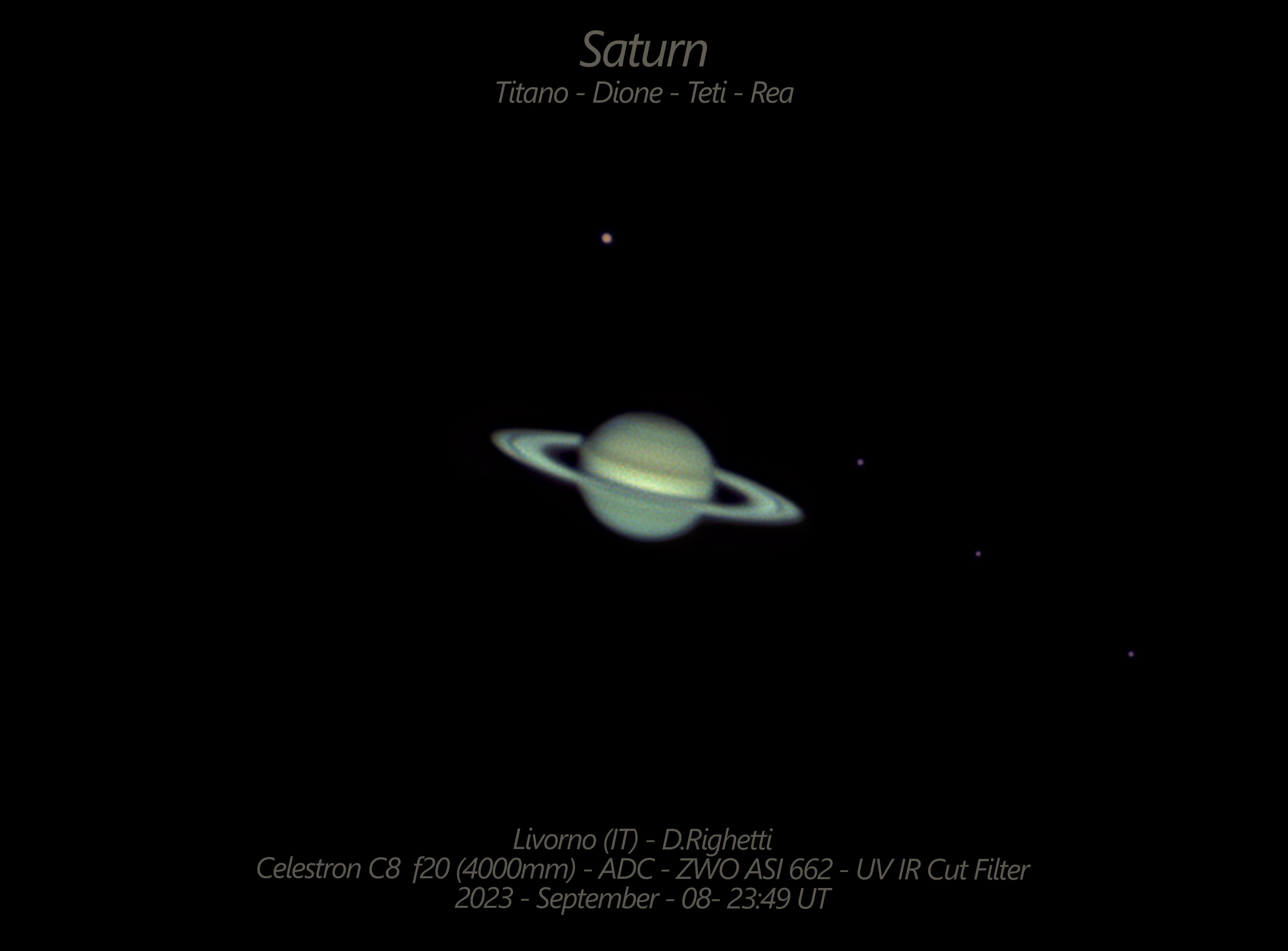 Saturno con i suoi satelliti Titano, Dione, Teti e Rea. Crediti di Daniele Righetti