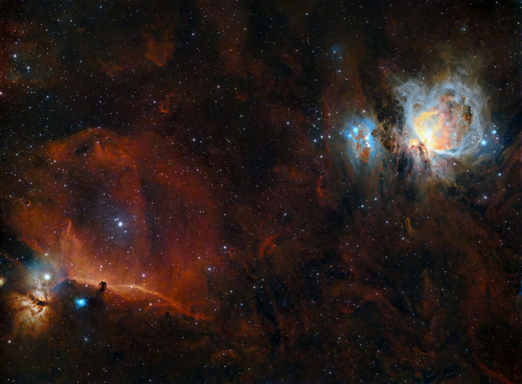 Nebulosa Testa di Cavallo IC434, Nebulosa Fiamma  NGC 2024 , Nebulosa di Orione M42