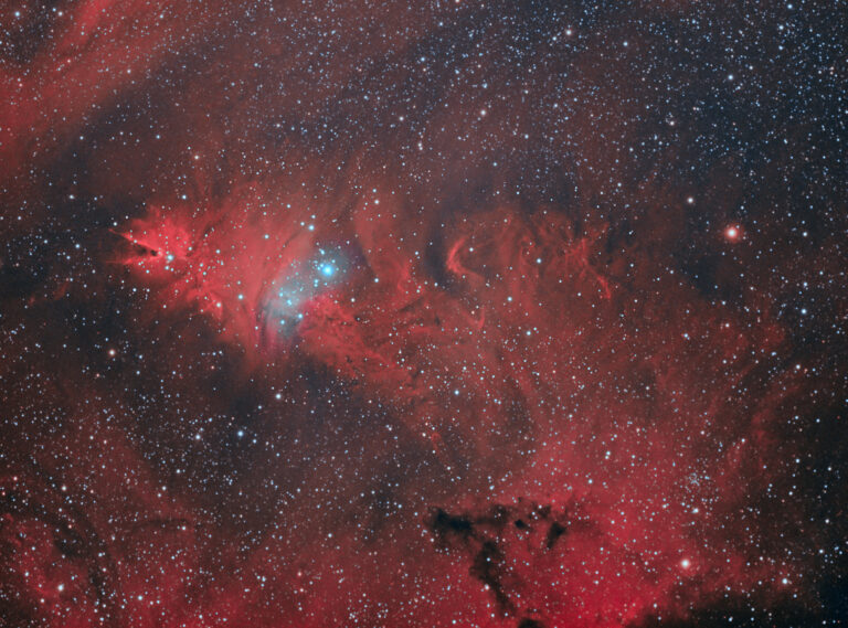 Nebulosa a emissione conosciuta con il nome "Cono o Albero di natale"  con l’ammasso aperto di stelle NGC 2264.